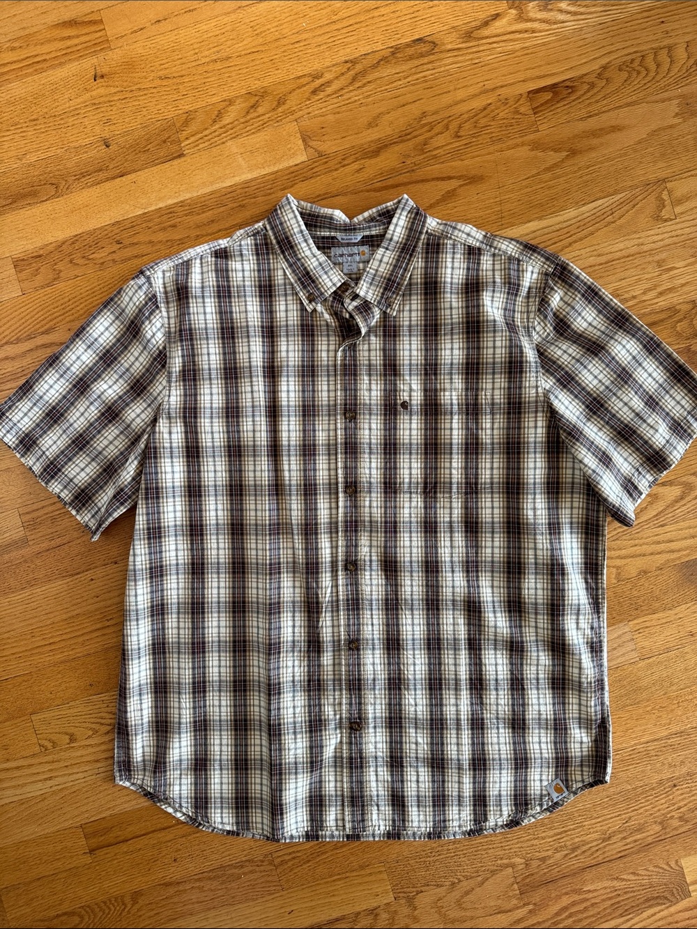 100% cotton Carhartt Short-Sleeve Plaid Button-Down Shirt - Brown & White 2XL